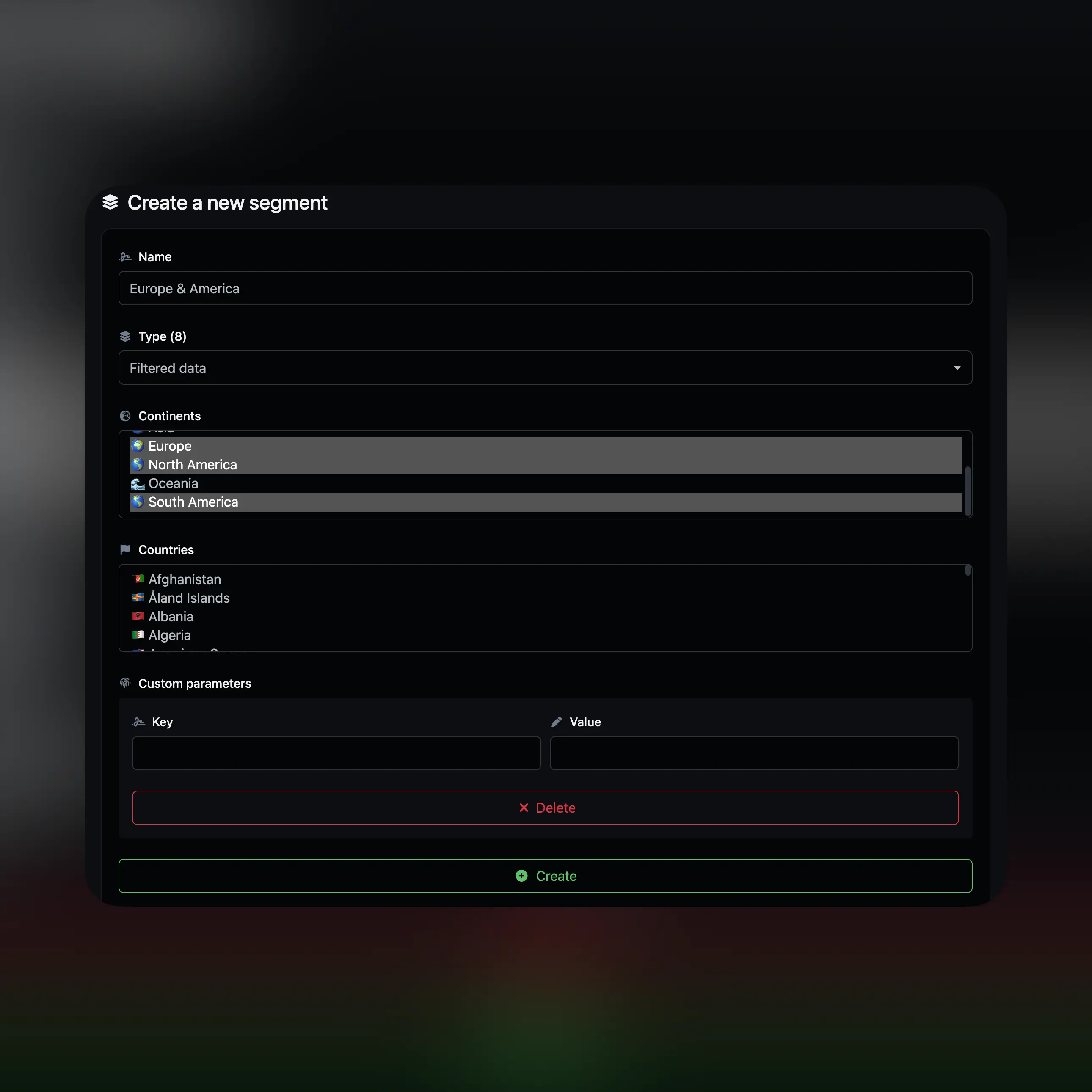 Captura de pantalla de la página de gestión y edición de segmentos de la aplicación